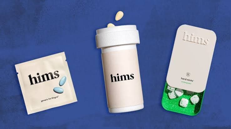 Hims sexual-health product packaging shown as editorial reference